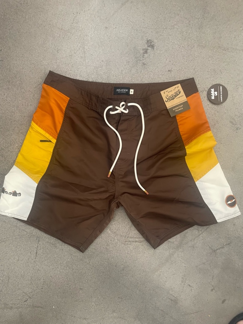 Seager Men's Brown Colorblock Swim Shorts with Orange & Yellow Panels